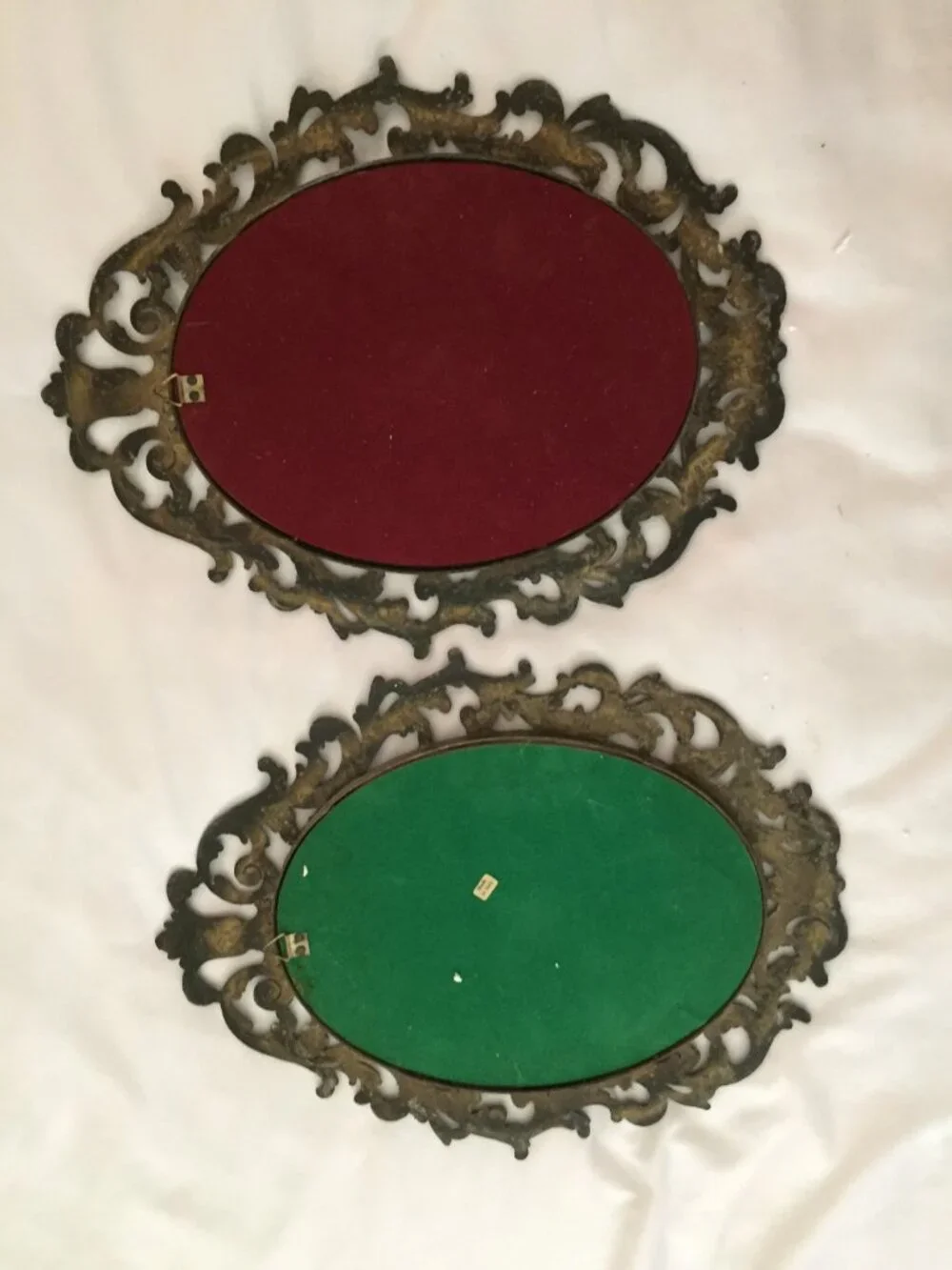 2 Vintage Italian Floral Print Ornate Metal/Brass Frame Convex Bubble Glass